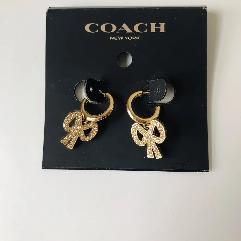Coach Gold-tone Crystal Bow Hoop Earrings - Picture 9 of 11